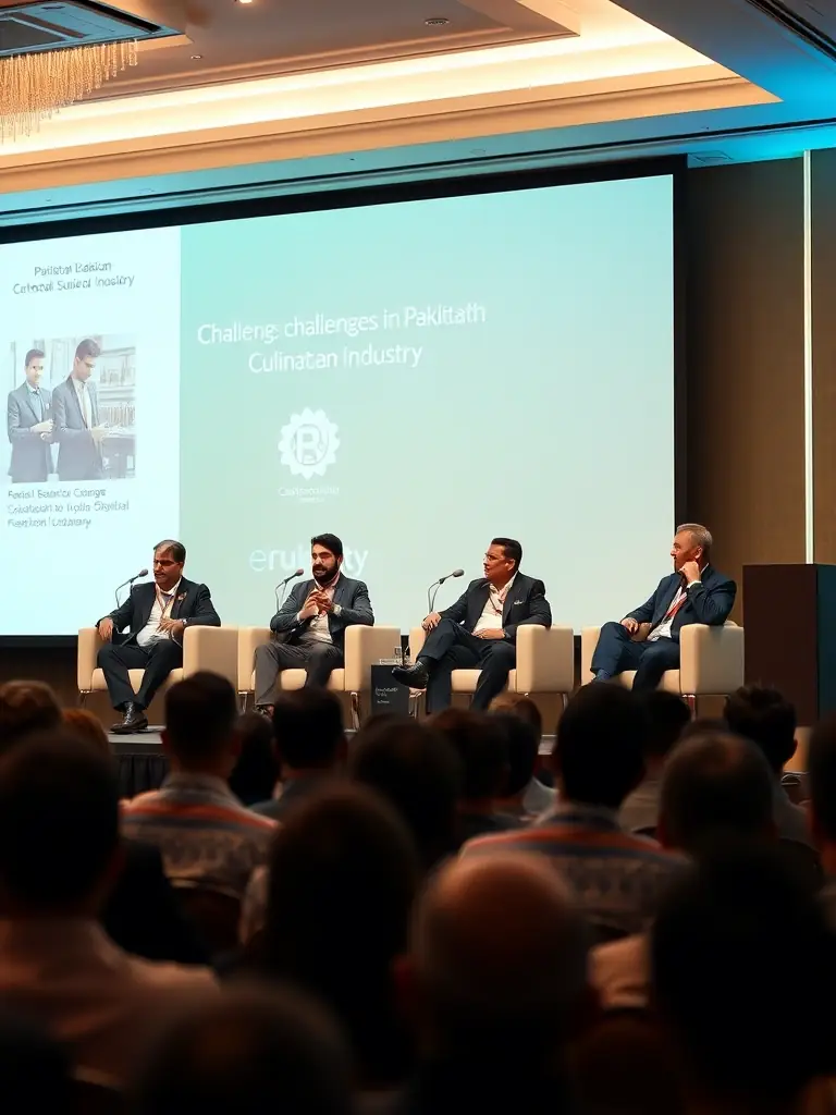 A dynamic image of a panel discussion featuring prominent figures in the Pakistani culinary scene, discussing challenges and opportunities.