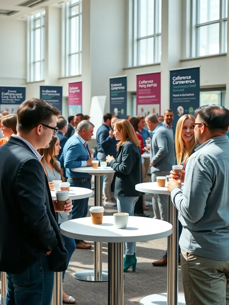 A professional photograph of attendees networking during a coffee break at the culinary business conference, showcasing connections and collaborations.