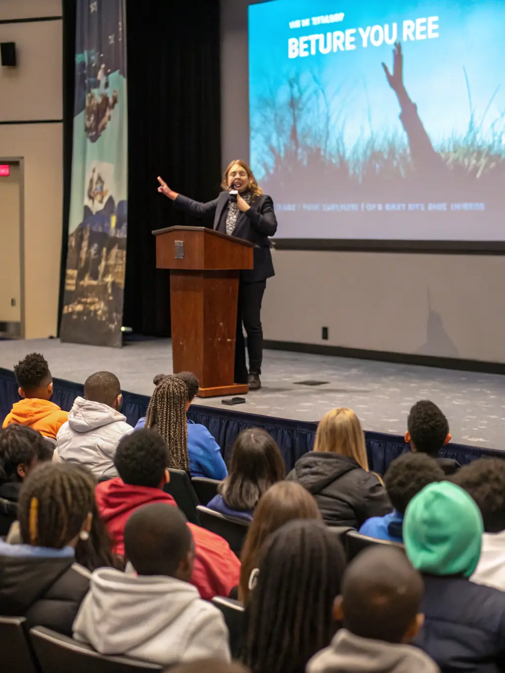 A photograph capturing the keynote speaker delivering an engaging presentation at the Soupxe Culinary Innovation Conference, with the audience attentively listening.