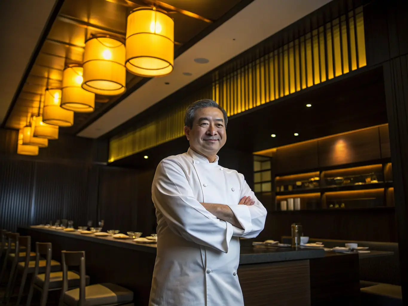 A close-up portrait of a renowned chef and culinary entrepreneur, smiling confidently, representing the high-caliber speakers at the soupxe.site conference.