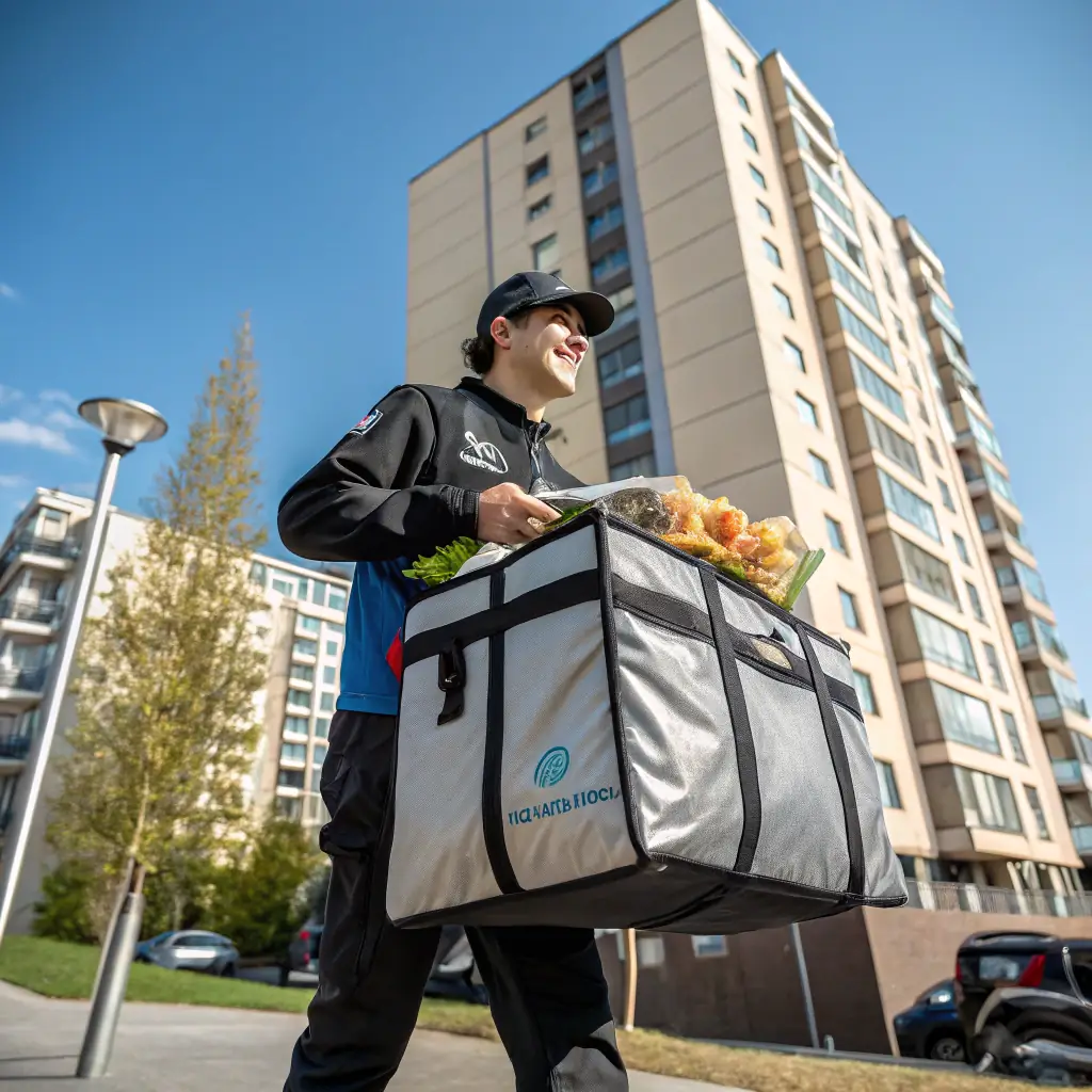 Logo of a food delivery service, showing a delivery person with a food package.